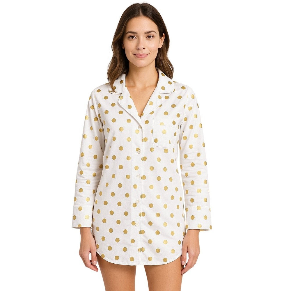 Toss Designs Womens White Gold Polka Dot Long Sleeve Nightshirt‎ Pajama S M NWT